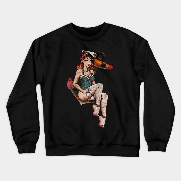 OldSalt American Traditional Bikini Pinup Girl Distressed Crewneck Sweatshirt by OldSalt